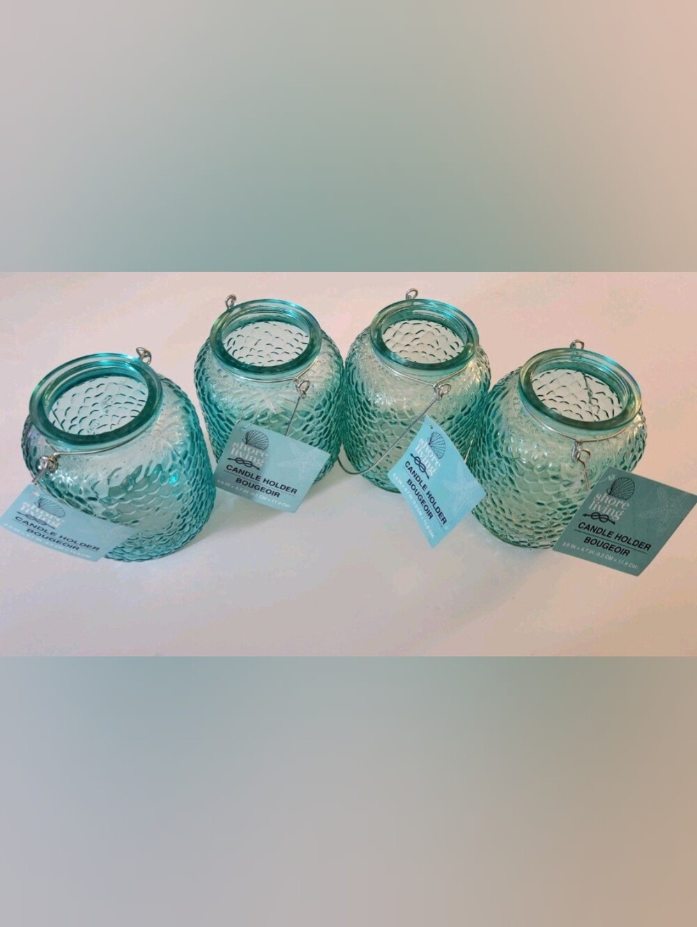 Set of 4 Aqua Textured Glass Candle Holders with Metal Hangers